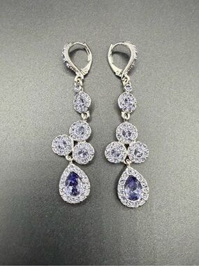 Givenchy Dangle Drop Earrings Purple Rhinestone Silver Tone Pierced Signed